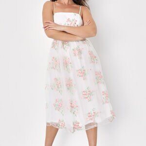 Lulus Celebrating Sweetness White Floral Embroidered Tulle Midi Dress - Size M
